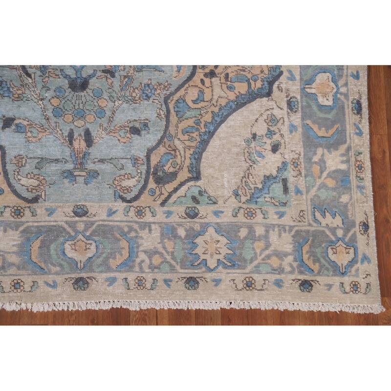Hand Knotted Oriental 100% Wool Carpet Traditional Floral Navy Blue & Blues Tabriz Area Rug - 9' 4'' X 6' 5''