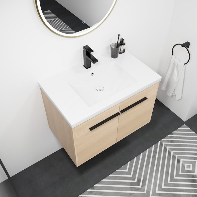 Fully Assembled Black 30 Inch Bathroom Vanity with Ceramic Countertop Sink, Oak 2 Doors Bathroom Cabinet Set