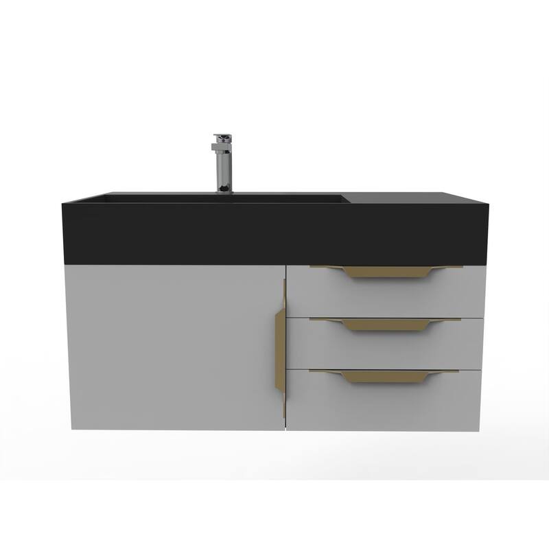 Amazon 36" Wall Mounted Bathroom Vanity Set w/ Black Top - Grey - Gold Finish