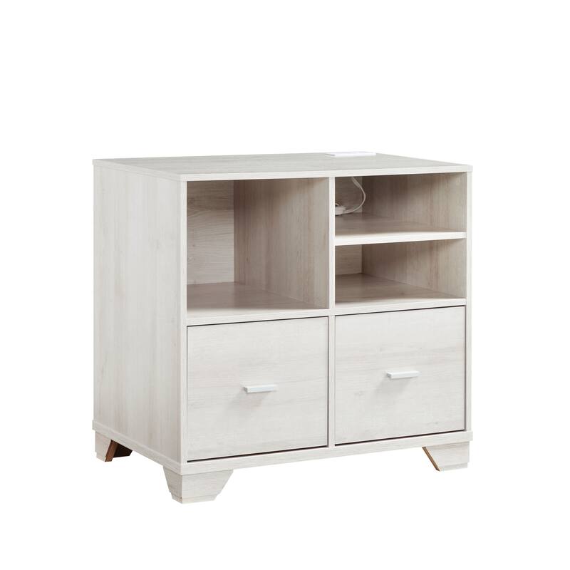 Home Office Printer Stand with Two File Cabinets and Open Shelving - White Oak
