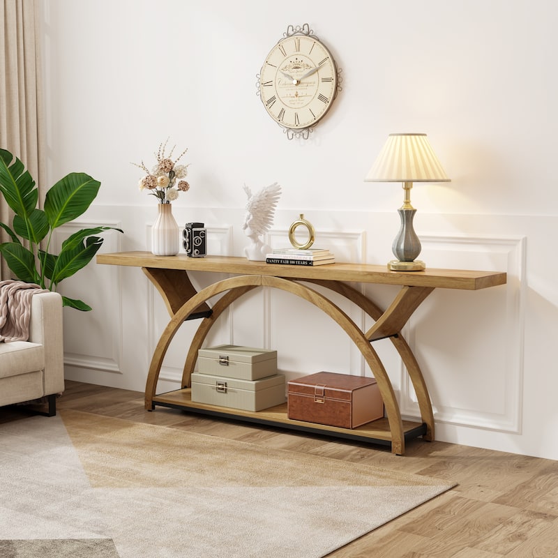 70.87" Console Table Sofa Table with Storage Shelf Half Moon Frame - Light Brown