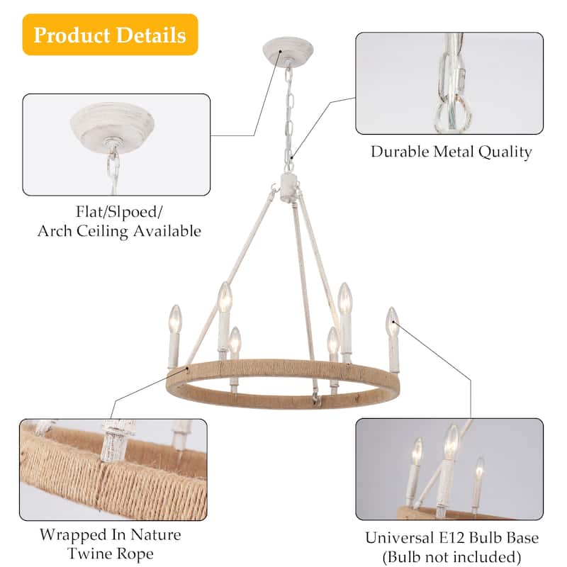 6-Light Rustic Hemp Rope Wagon Wheel Chandelier for Bedroom Foyer Entryway