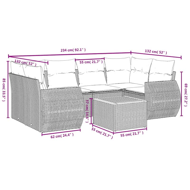 vidaXL 7 Piece Patio Sofa Set with Cushions Black Poly Rattan - 24.4" x 24.4" x 27.2"