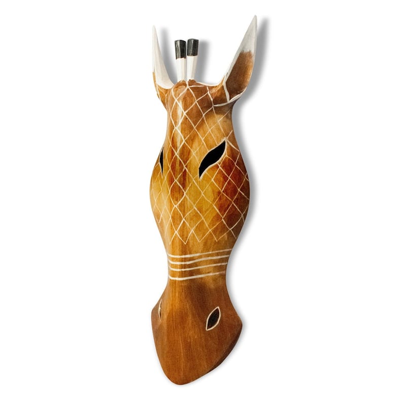 Wooden Tribal Giraffe Mask Brown White Hand Carved Wall Plaque Hanging Home Decor Accent Unique Sculpture Decoration Handmade - 20" Tall x 6" Wide x 2.5" Deep