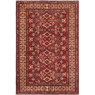 Caucasian Super Kazak Raiden Red/Beige Hand Knotted Wool Rug - 7'8'' x 11'2''