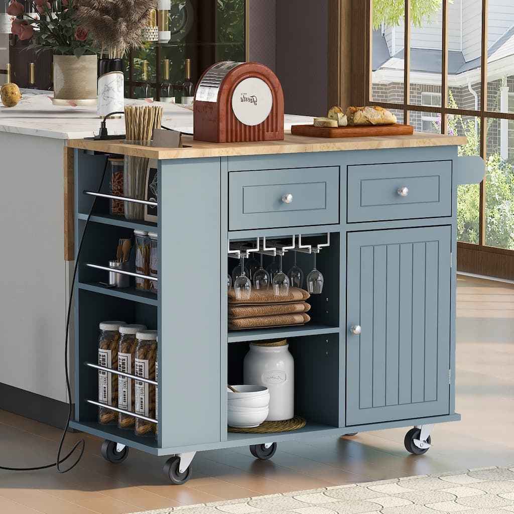 39.80'' Rubber wood Kitchen Island with Power Outlet, Drop Leaf, Adjustable Shelf and 2 Drawers - 39.8'' x 29.33'' x 33.7''