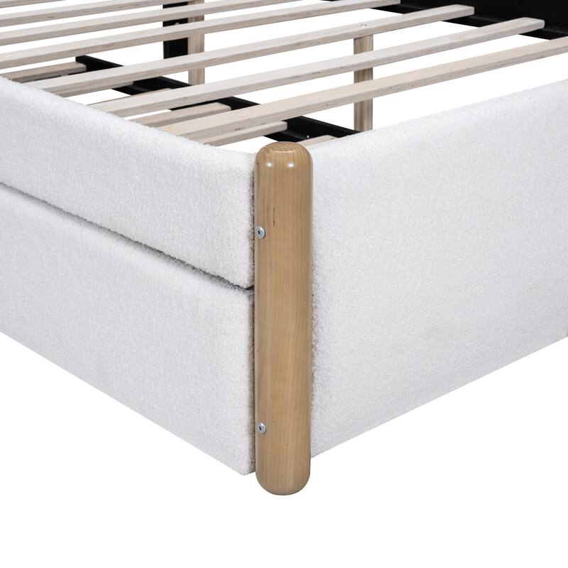 White Full Berber Fleece Platform Bed with Trundle and Wooden Feet