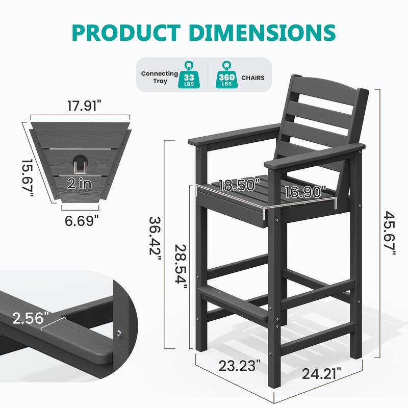 HDPE 2-Piece High Bar Stool Set with Umbrella-Compatible Connecting Panel