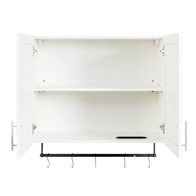 Roomfitters Bathroom Wall Cabinet with Adjustable Shelf, Towel Bar, and 5 Hooks, Over-The-Toilet Storage Cabinet, White