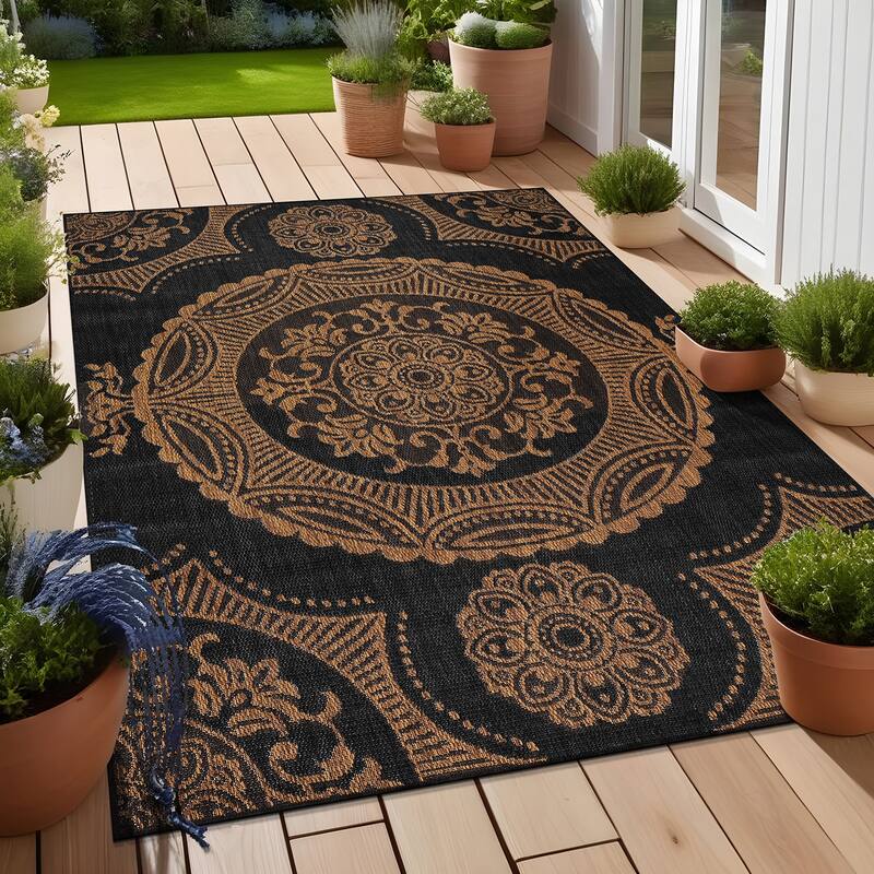 Beverly Rug Blue Medallion Indoor Outdoor Rug, Outside Carpet for Patio, Deck, Porch