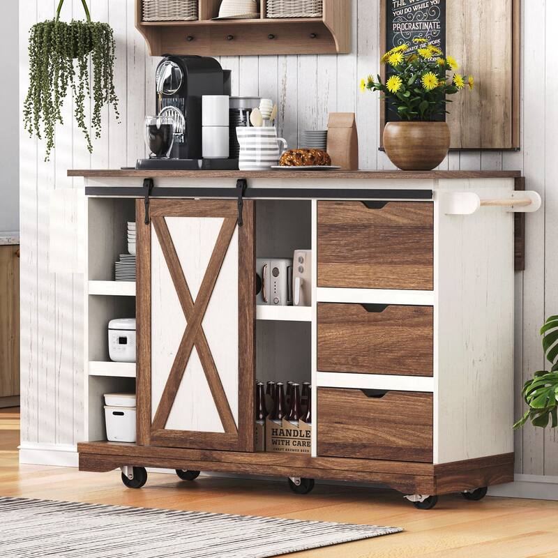 Farmhouse Kitchen Island with Drop Leaf, Kitchen Storage Island with Barn Door, Power Outlet, Rolling Kitchen Cart on Wheels