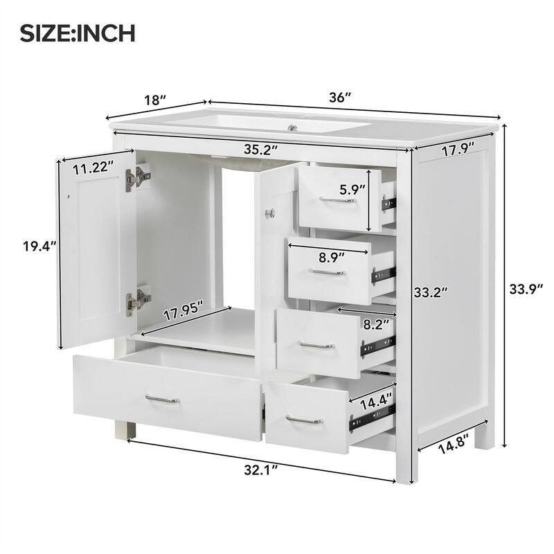 36'' Bathroom Vanity with Ceramic Sink Combo, Modern Bathroom Vanity Cabinet with 2 Soft Close Doors and 5 Storage Drawers