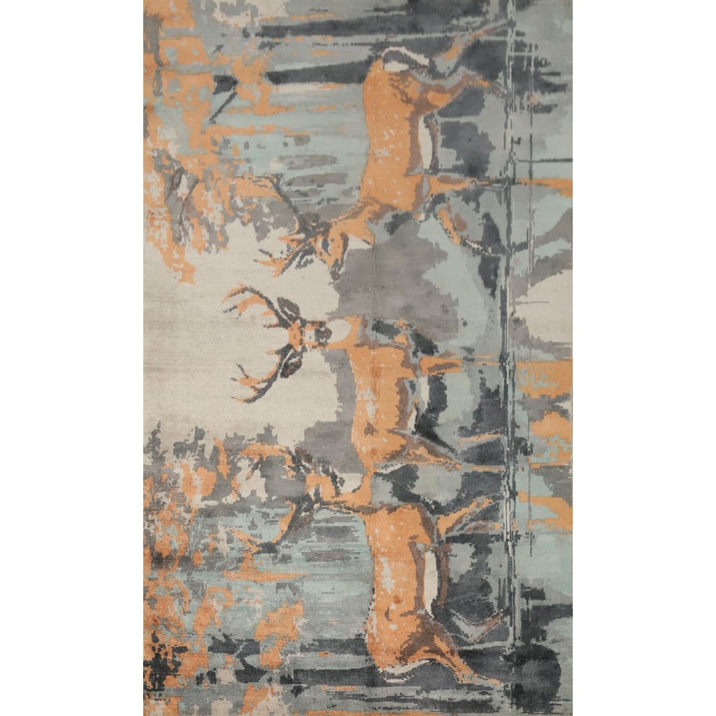 Hand Knotted Oriental Viscose Silk Carpet Modern Animal Pictorial Multi-Colored Abstract Area Rug - 7' 10'' X 4' 11''