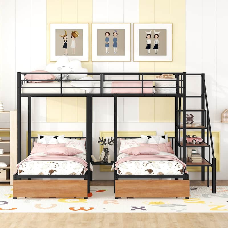 Full Over Twin-Twin Triple Bunk Bed with Drawers and Staircase, Black