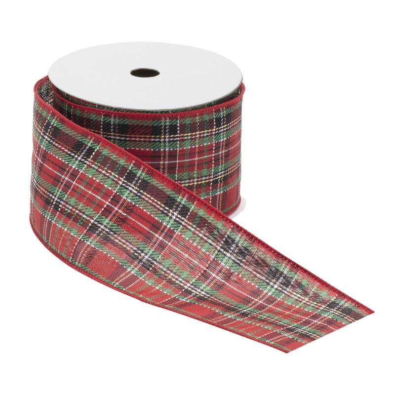 Polyester Metallic Tartan Plaid Wired Ribbon Set of 2 for Holiday Crafts - 2.5” W x 360” Long