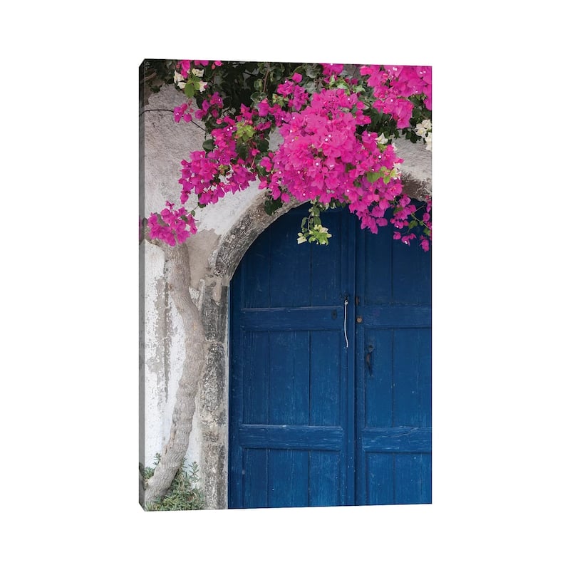iCanvas "Greece, Santorini. Weathered blue door is framed by bright pink Bougainvillea blossoms." by Brenda Tharp Canvas Print