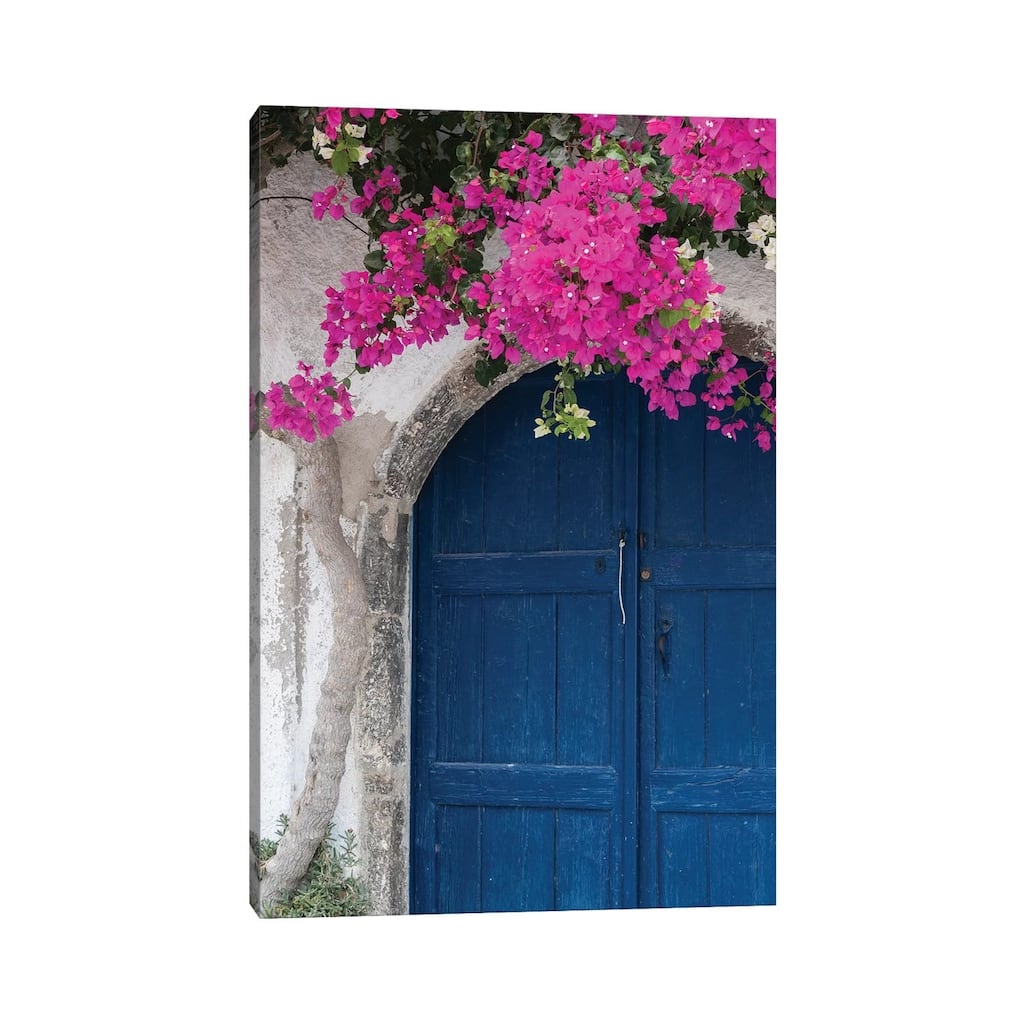 iCanvas "Greece, Santorini. Weathered blue door is framed by bright pink Bougainvillea blossoms." by Brenda Tharp Canvas Print