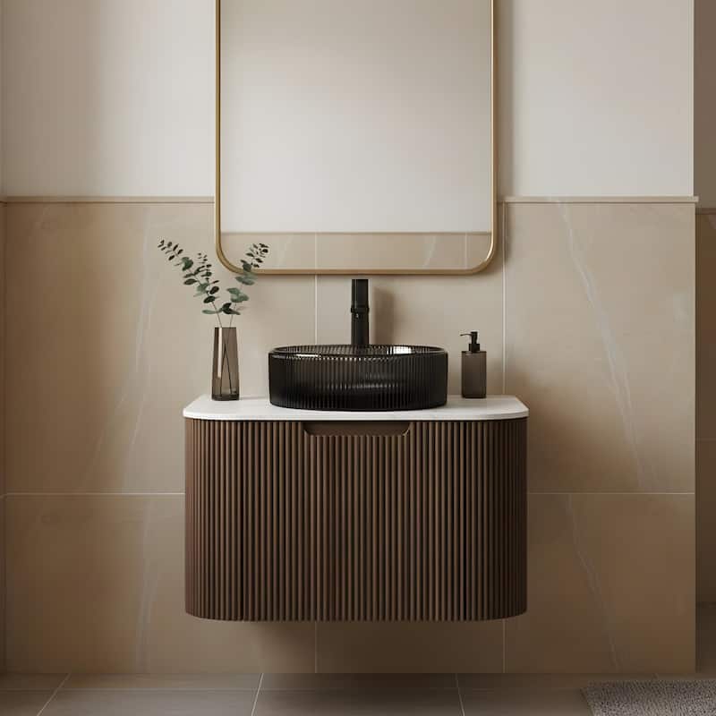Wall Mounted Bathroom Vanity with Transparent Black Round Glass Basin