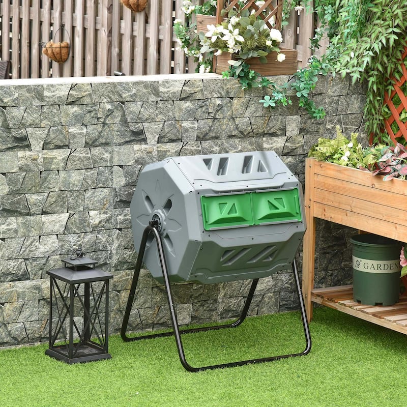 Outsunny Tumbling Compost Bin Outdoor Dual Chamber 360-deg Rotating Composter 43 Gallon w/ Sliding Doors & Solid Steel Frame