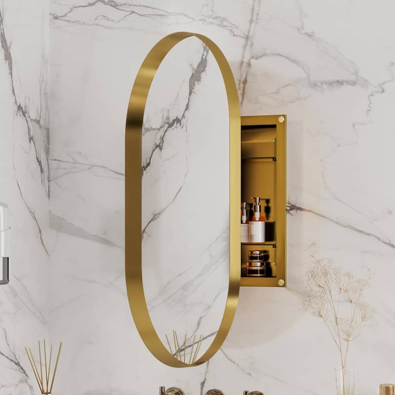 GDF Studio - Rosita 20x34 Inch Oval Recessed Metal Framed Medicine Cabinet with Mirror and Adjustable Shelves - Gold
