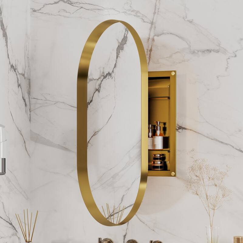 Oval Recessed Medicine Cabinet,Metal Framed Bathroom Wall Cabinet with Mirror and Adjustable Shelves,Wall Mirror with Storage - Gold