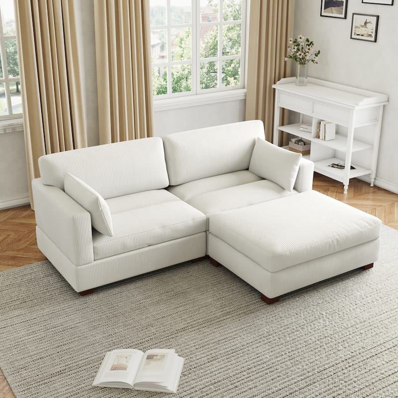 85in.W Corduroy Modular 3-Piece L-Shaped Sectional Sofa with Ottoman
