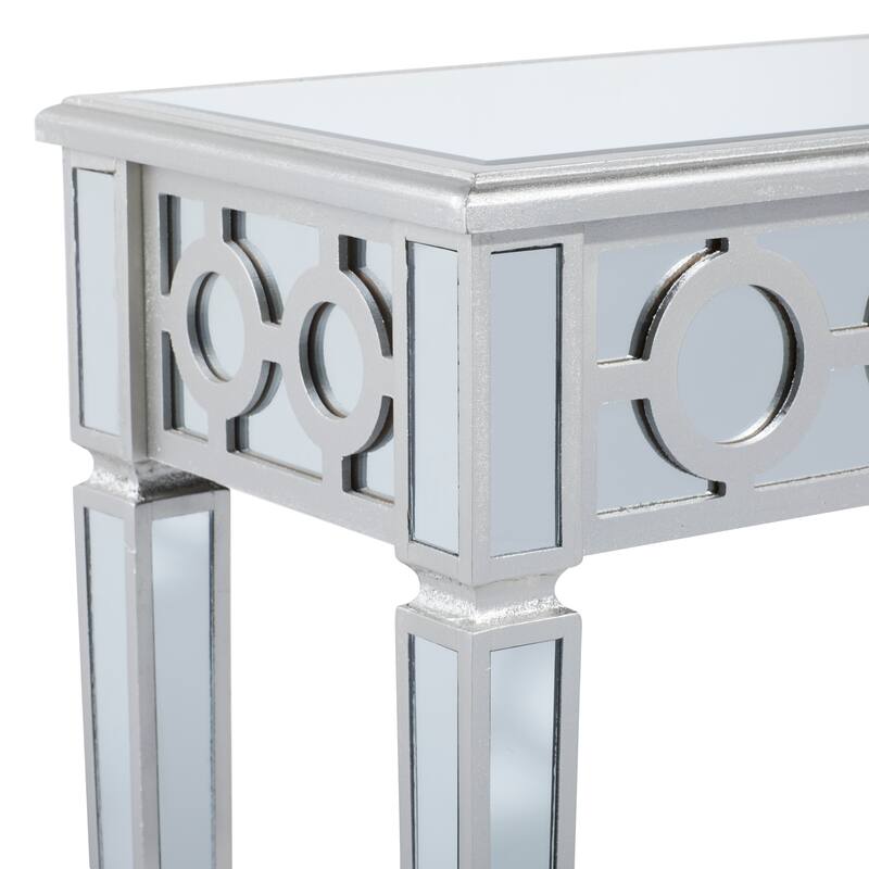 Silver Glass Mirrored Geometric Console Table with Circular Panel Inlay