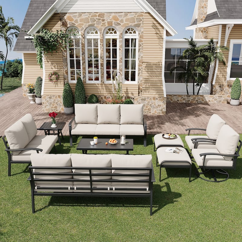 EROMMY Patio Set: 360° Swivel Rockers, Sofa, Ottomans & Table – Outdoor Conversation Set for Poolside, Garden & Deck - 9 PCS - Sofa & Swivel Rocking Chair - Beige