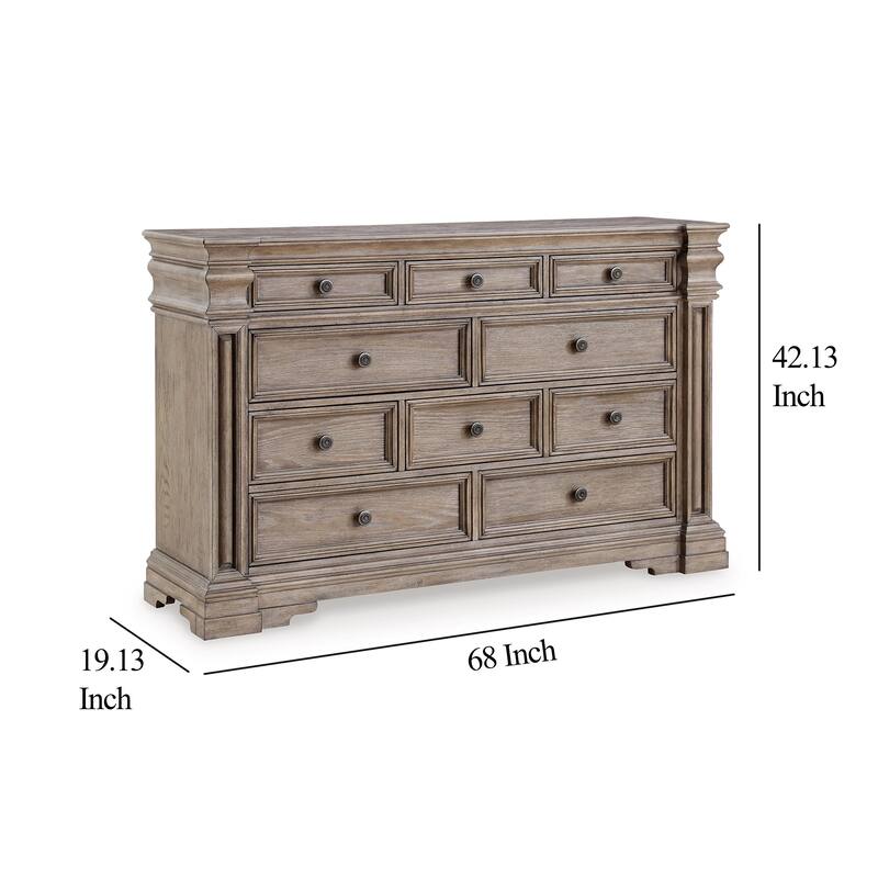 Blaie Wide Dresser, 10 Drawer, 68 Inch Taupe Brown Solid Hardwood