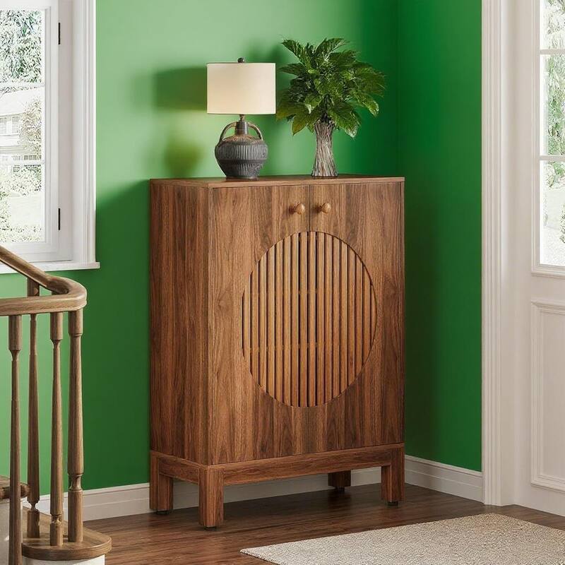 Brown Rustic 5-Tier Shoe Cabinet with Adjustable Shelves and Louvered Doors - 28.7 x 13.8 x 39.8 in