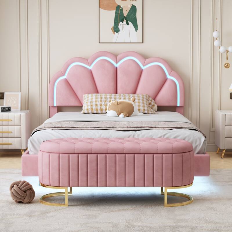 2-Pieces Bedroom Sets Full LED Platform Bed with Storage Ottoman - Pink