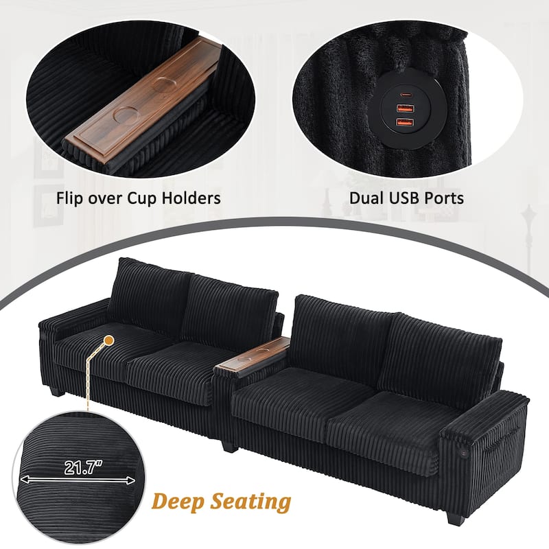 133" Modern 4-Seater Corduroy Sofa Couch with USB Ports, Cup Holders