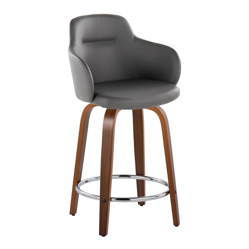 Carson Carrington Iglabo 24" Fixed-Height Counter Stool with Bent Wood Legs and Round Footrest (Set of 2) - Grey Faux Leather/Walnut/Chrome Metal