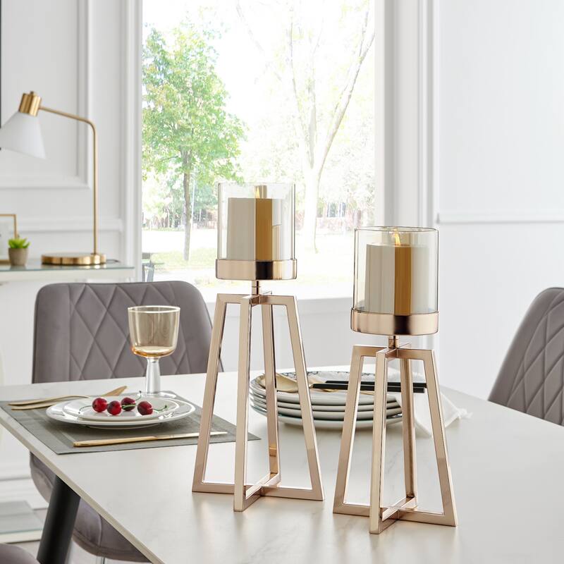 Tinted Glass Hurricane Pillar Candle Holders - 15" - Gold - Set of 2