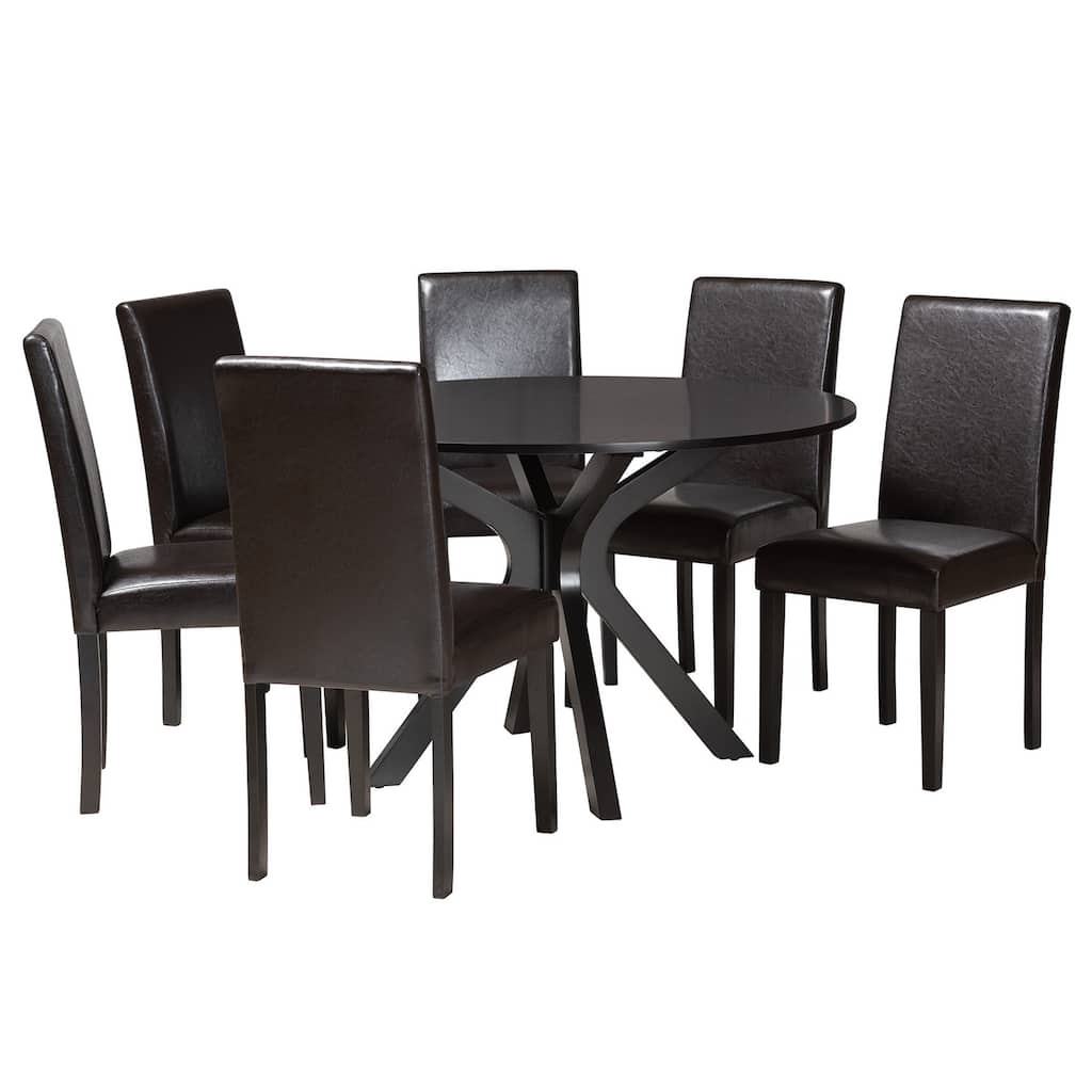 Modern 7-Piece Dining Set - Faux Leather Chairs & Wood Table - Brown Dining Room Furniture
