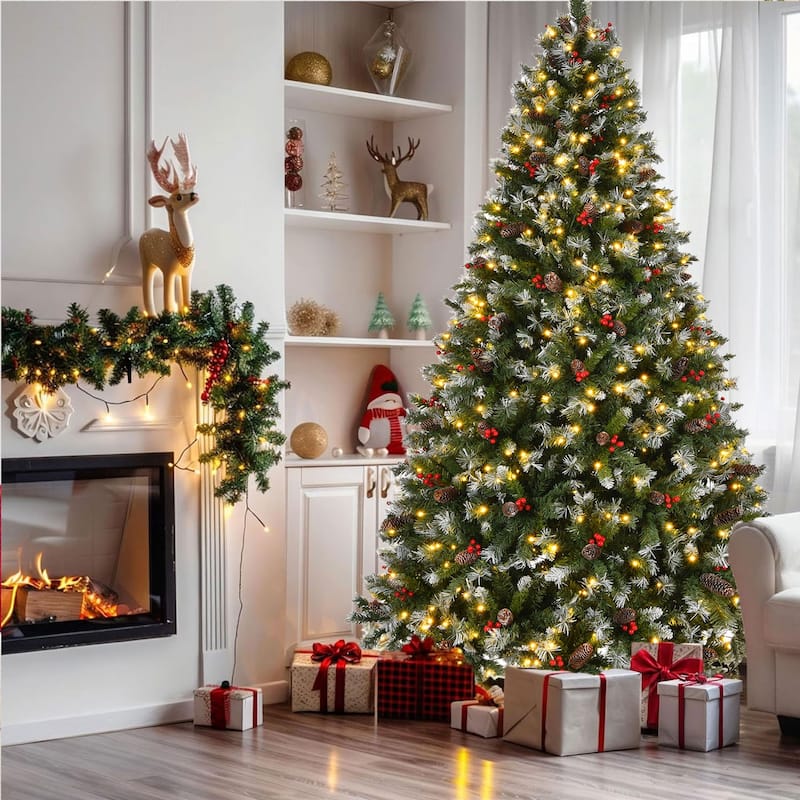 9ft Pre-Lit Pre-Decorated Pine Hinged Artificial Christmas Tree with 1740 Flocked Frosted Tips, Metal Base - Green