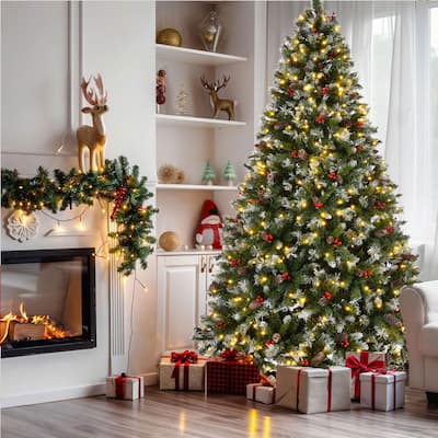 9ft Pre-Lit Pre-Decorated Pine Hinged Artificial Christmas Tree with 1740 Flocked Frosted Tips, Metal Base