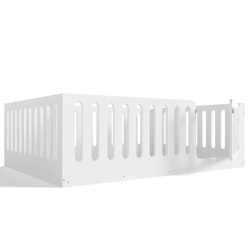 Toddlers Montessori Floor Bed with High Fence, Door, Low Profile Platform Bed Frame for Kids with No Box Spring Needed, No Slats