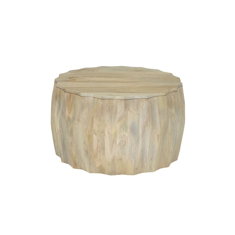 Facet 30" Diamond Carved Round Mango Wood Coffee Table - Elegant Cylindrical Base, Walnut Finish Accent Table