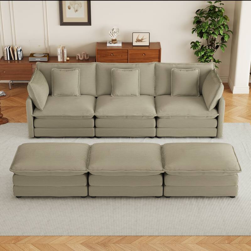 Corduroy Modular Sofa Couch, Upholstered Sleeper Recliner Sofa Couch with Side Storage Pockets and 3 Movable Ottomans
