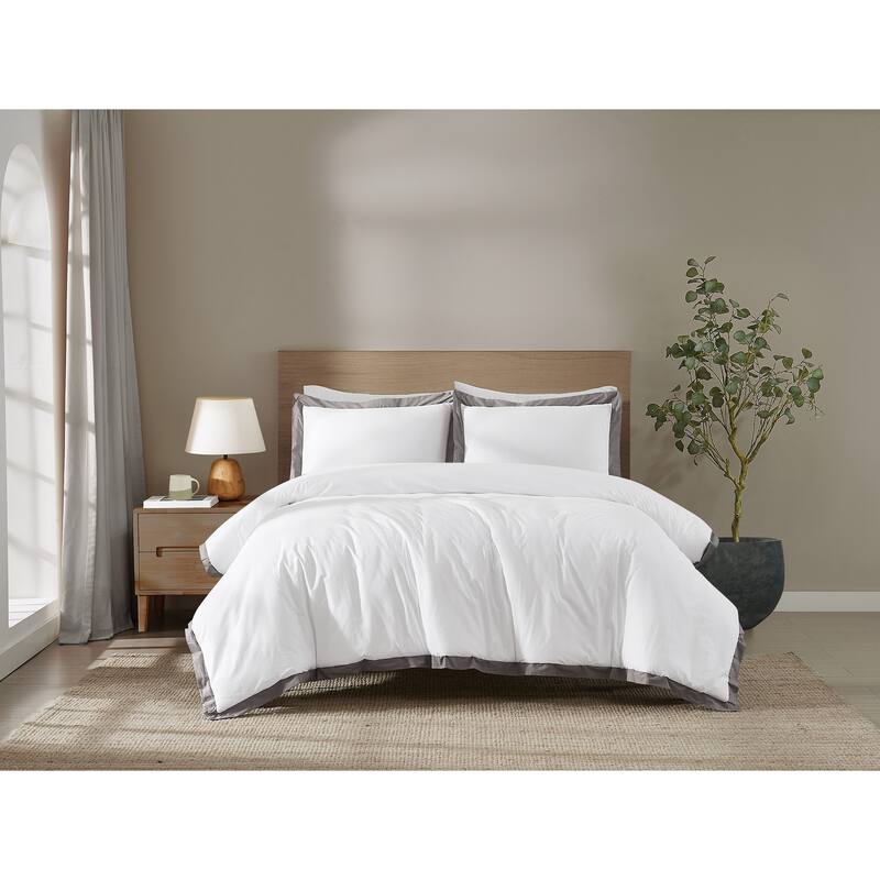 Brooklyn Loom Cotton Hotel Border 3 Piece Comforter Set - King - White/Grey