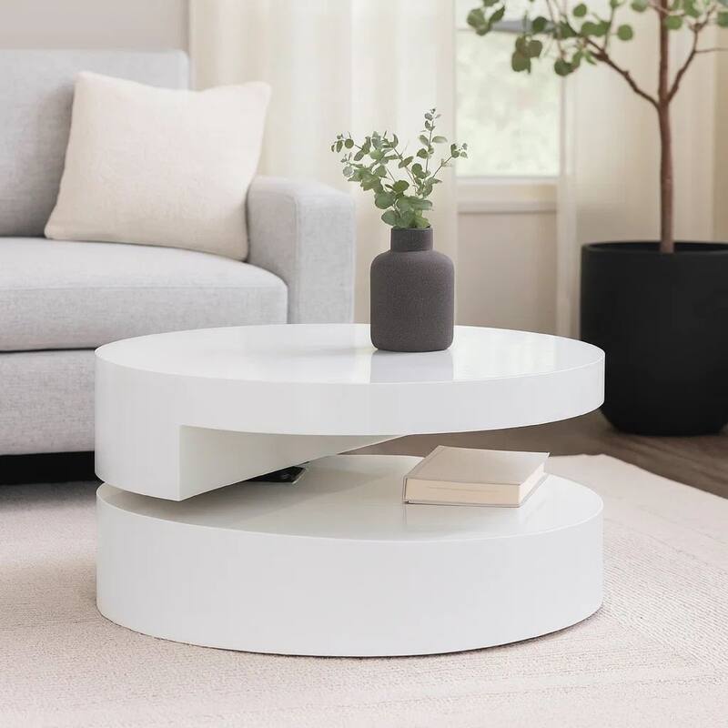 Coffee Table, Open Shelf, Rotating 24 Inch Modern Round White Top