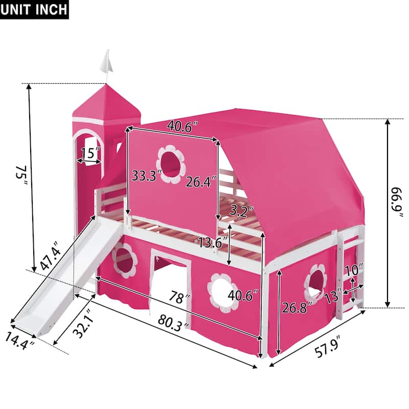 Playhouse Low Loft Bed with Slide, Pink Tent and Tower, Solid Pinewood Floor Bunk Bed Frame, Wooden Slats Support