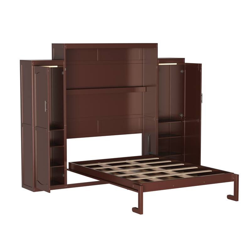Multifunctional Queen Size Wooden Murphy Bed w/ 2 Wardrobe & Storage Shelf Foldable Wall Bedframe for Guest-Room, Bedroom