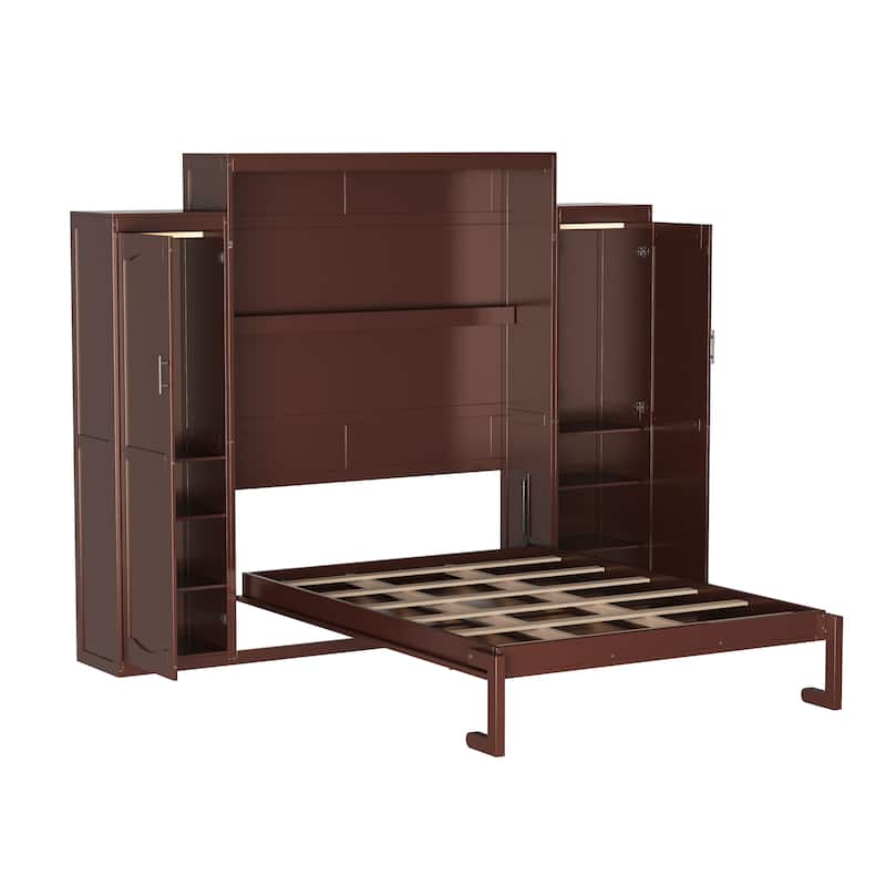 Murphy Bed, Wooden Wall Bed with 2 Wardrobe and Storage Shelf