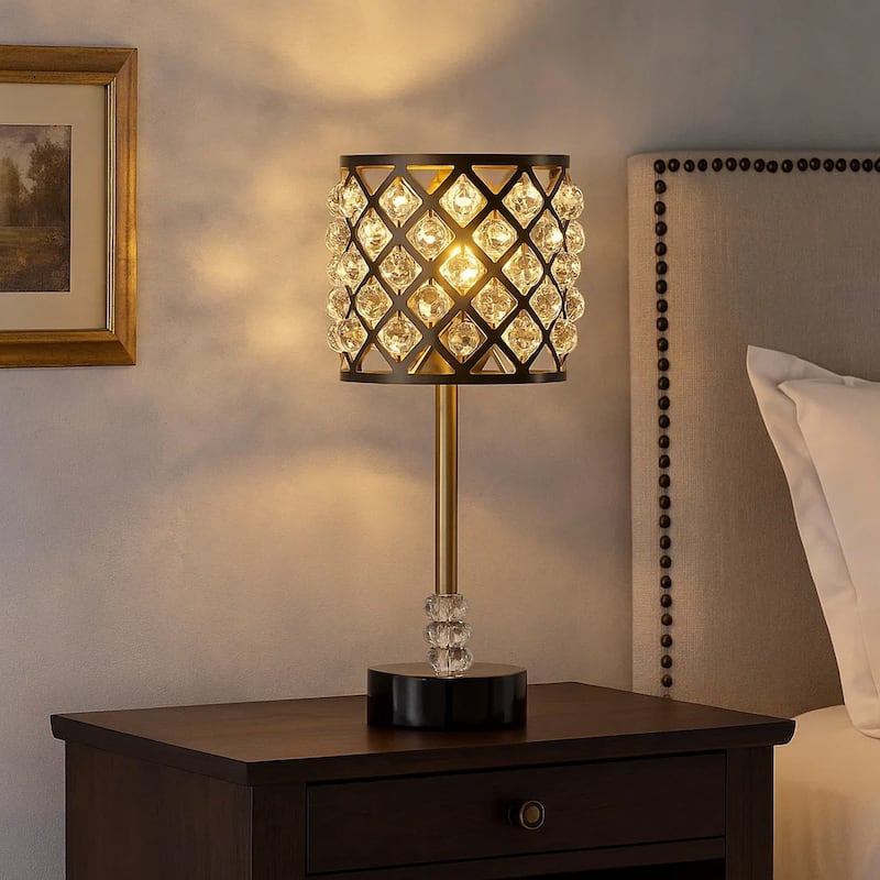 Dany 24 Inch Table Lamp with Crystal Drum Shade, Black Metal, Antique Brass
