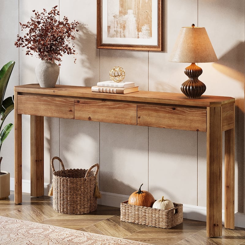 63 Inch Solid Wood Console Table with 3 Drawers, Sofa Table Behind the Couch, Farmhouse Style - 11.81" D x 62.99" W x 31.5" H