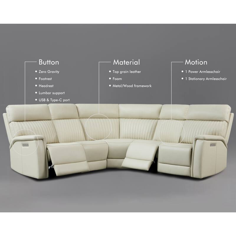 105" W Genuine Leather Power Reclining Sectional and Recliner Sofa Set with USB&USB-C Port, 1 Power Armlesschair