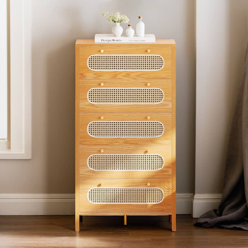 Moasis 5 Drawer Rattan Dresser - Oak - 5-drawer