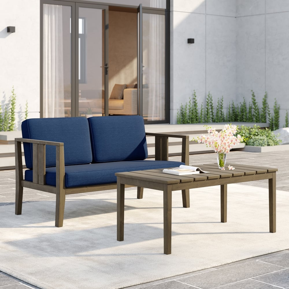 Uixe Teak Patio Loveseat with Coffee Table Outdoor Conversation Set